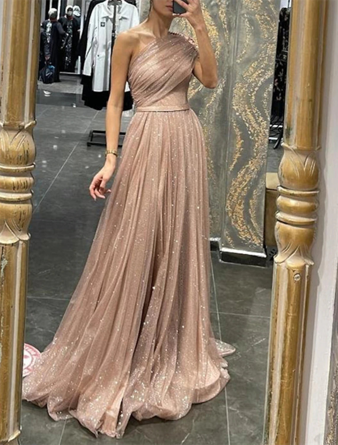 Women's Clothes A-Line Evening Gown Glittering Dress Wedding Prom Court Train Sleeveless One Shoulder Tulle with Glitter Ruched Appliques