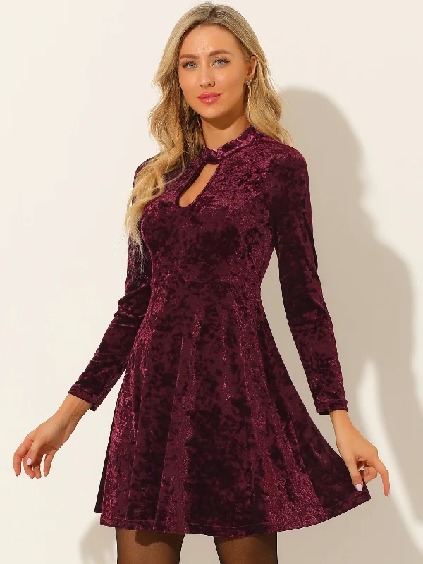 Plus-Size Women's Clothing Keyhole Neck High Waist Long Sleeve Velvet Swing Mini Dress