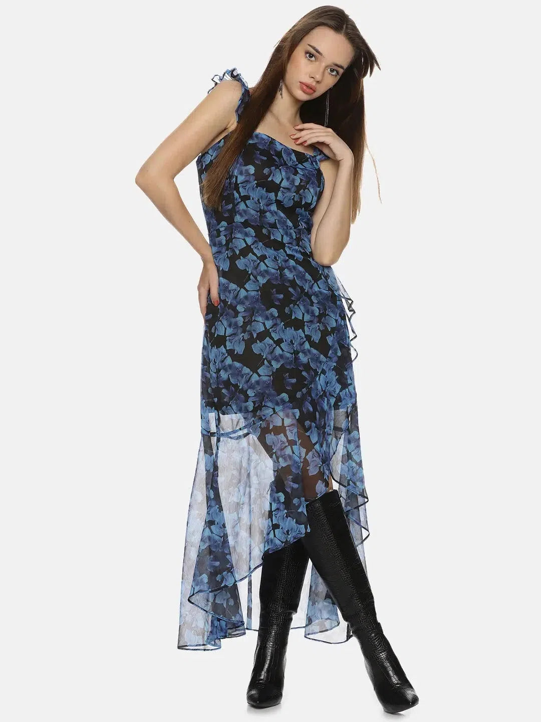 Women's Tailored Outfit Floral Blue High Low Dress-17304