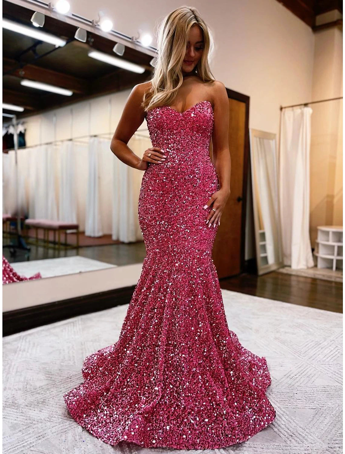 Formal Clothing For Women Mermaid / Trumpet Prom Dresses Sparkle & Shine Dress Formal Wedding Party Sweep / Brush Train Sleeveless Sweetheart Sequined Backless with Sequin