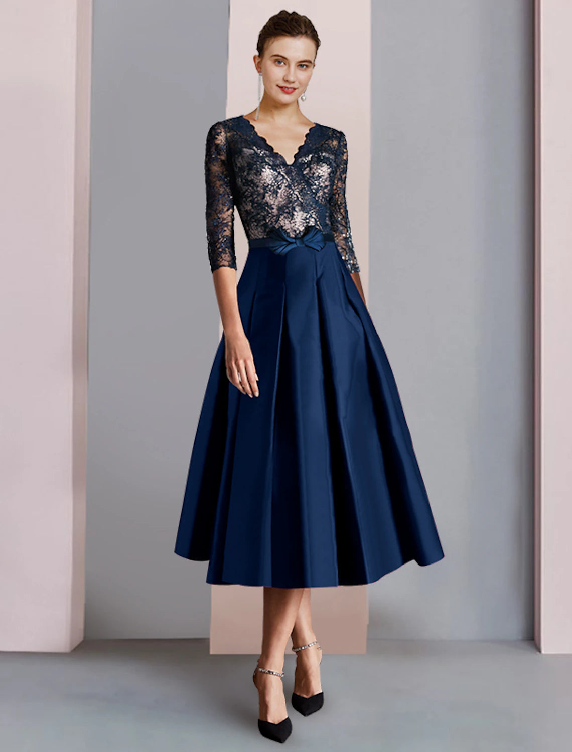 Women's Athleisure Apparel A-Line Mother of the Bride Dress Formal Wedding Guest Party Elegant V Neck Tea Length Satin Lace Half Sleeve with Bow(s) Ruching