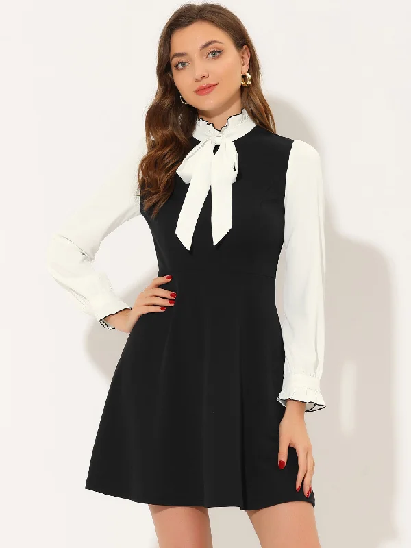 Charming Everyday Clothing For Women Patchwork Contrast Color Long Sleeve Tie Neck Mini Dress