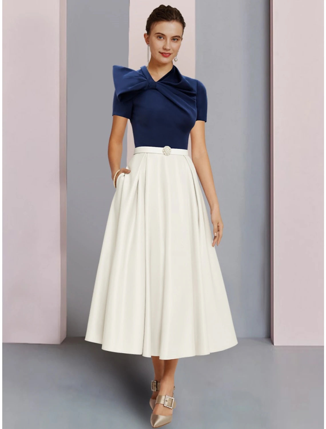 Women's Clothes For Special Occasions A-Line Mother of the Bride Dress Wedding Guest Elegant Jewel Neck Tea Length Satin Short Sleeve with Bow(s) Crystal Brooch Ruching