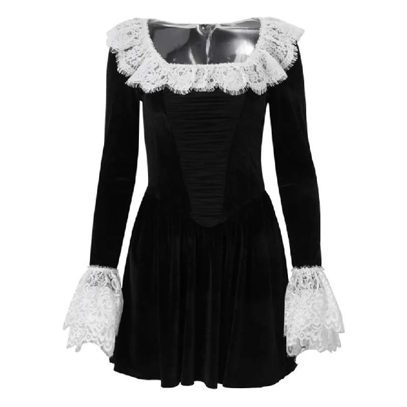 Women's Chic Apparel Vintage Lace Trim Scoop Neck Long Sleeve Velvet Skater Party Mini Dress