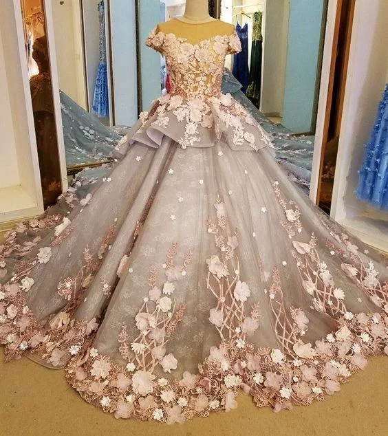 Casual Clothing For Women Light pink gorgeous delicate floral applique long tulle floor length train ball gown evening dress gh3324