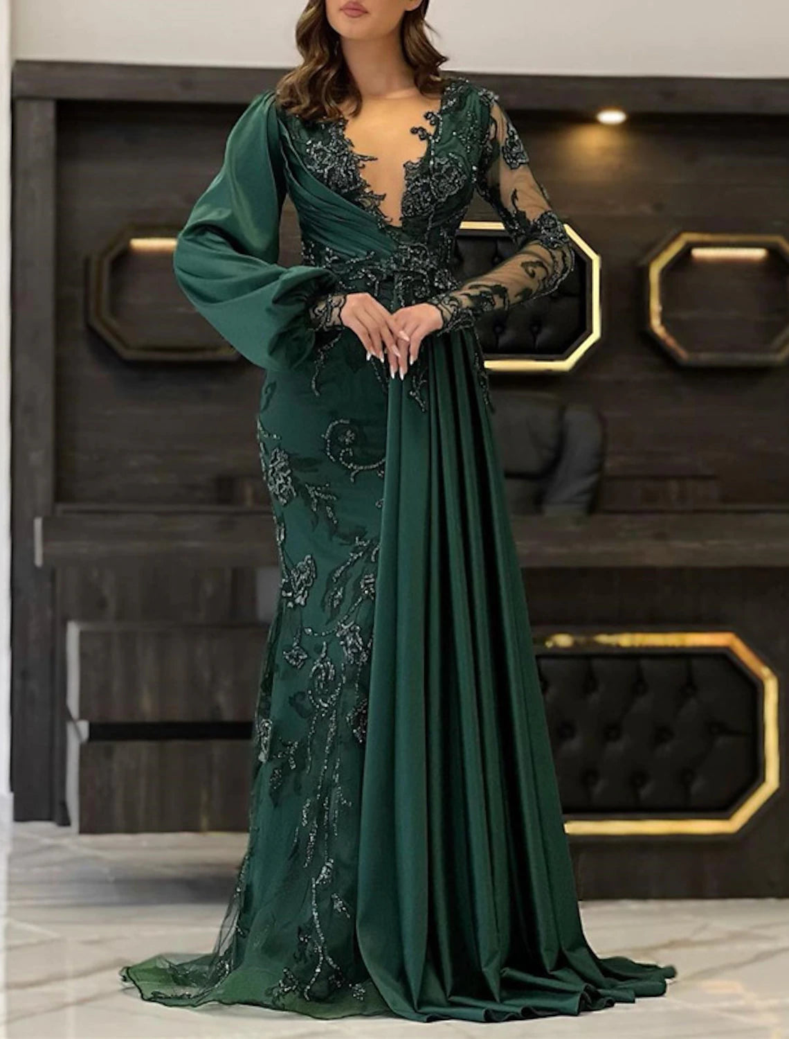 Women's Layered Outfit Mermaid / Trumpet Evening Gown Luxurious Dress Formal Wedding Guest Floor Length Sleeveless V Neck Fall Wedding Guest Lace with Appliques Pure Color