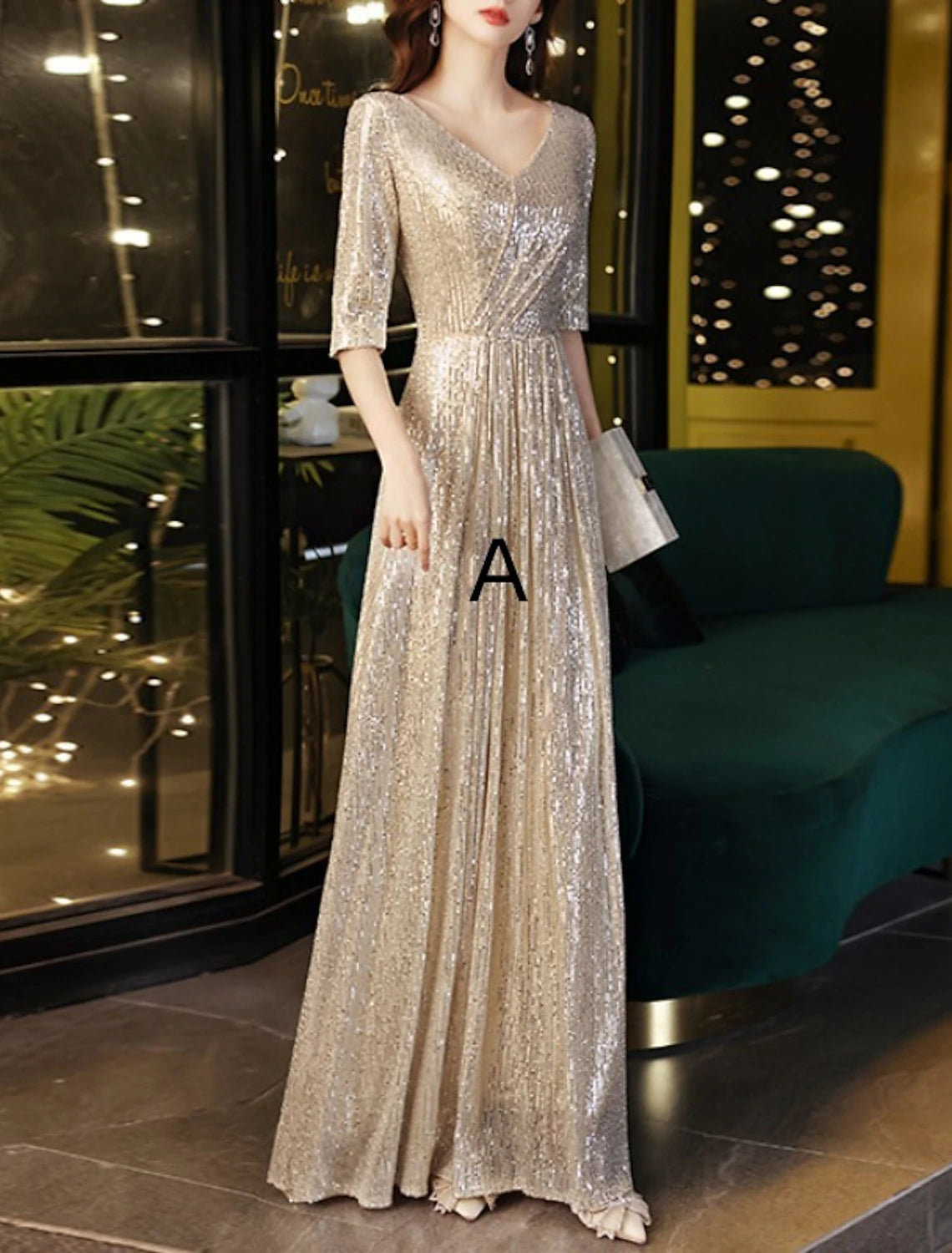 Stylish Women's Garments For Holidays Sheath / Column Mother of the Bride Dress Wedding Guest Elegant Sparkle & Shine V Neck Floor Length Sequined Half Sleeve with Pleats