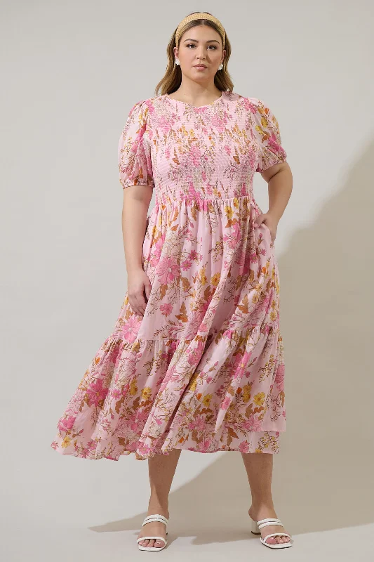 Women's Transitional Garments Solanda Floral Aruba Smocked Midi Dress Curve