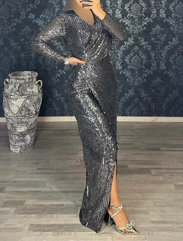 Women's Relaxed Outfit Mermaid / Trumpet Evening Gown Black Dress Dress Wedding Guest Fall Floor Length Long Sleeve V Neck Sequined with Sequin