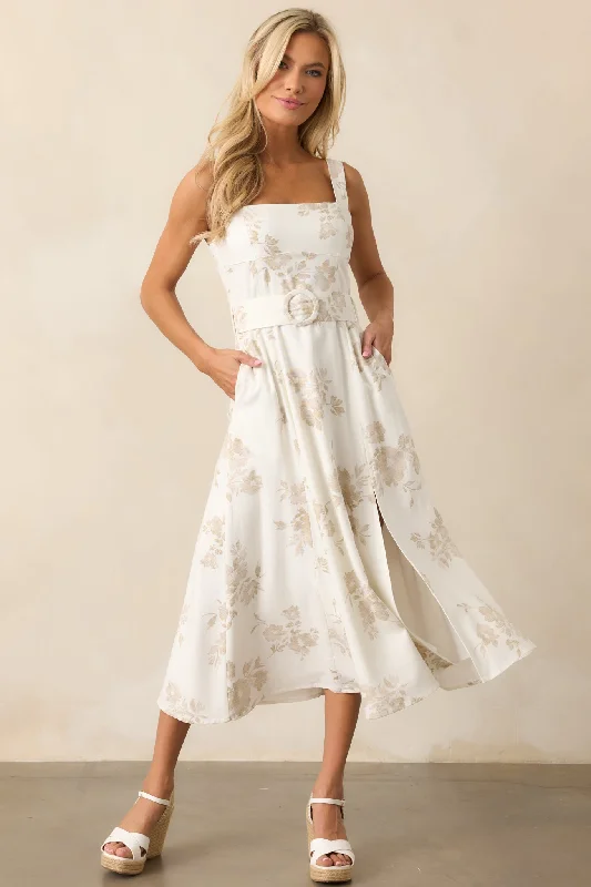 Fashion-Forward Women's Clothing Drift Away Ivory Floral Midi Dress