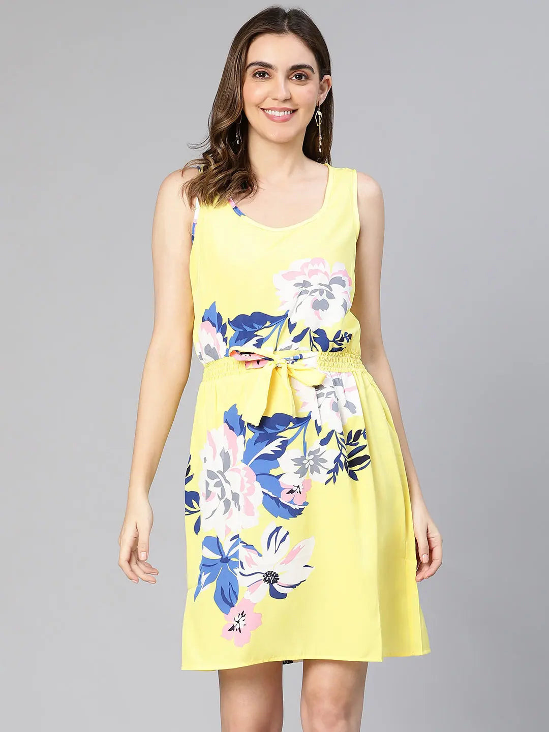 Women's Transitional Attire Women yellow floral print elasticated & tie-knotted polyester dress