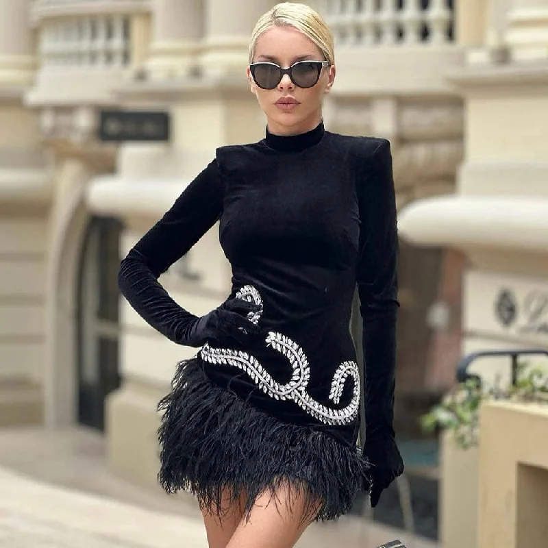 Women's Wardrobe Apparel Opulent High Neck Glove Sleeve Crystal Detail Velvet Feather Mini Dress