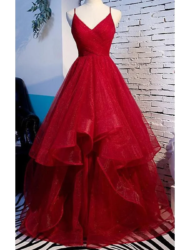 Comfortable Lounge Clothing A-Line Prom Dresses Sparkle & Shine Dress Party Wear Wedding Guest Floor Length Sleeveless Spaghetti Strap Tulle with Ruffles