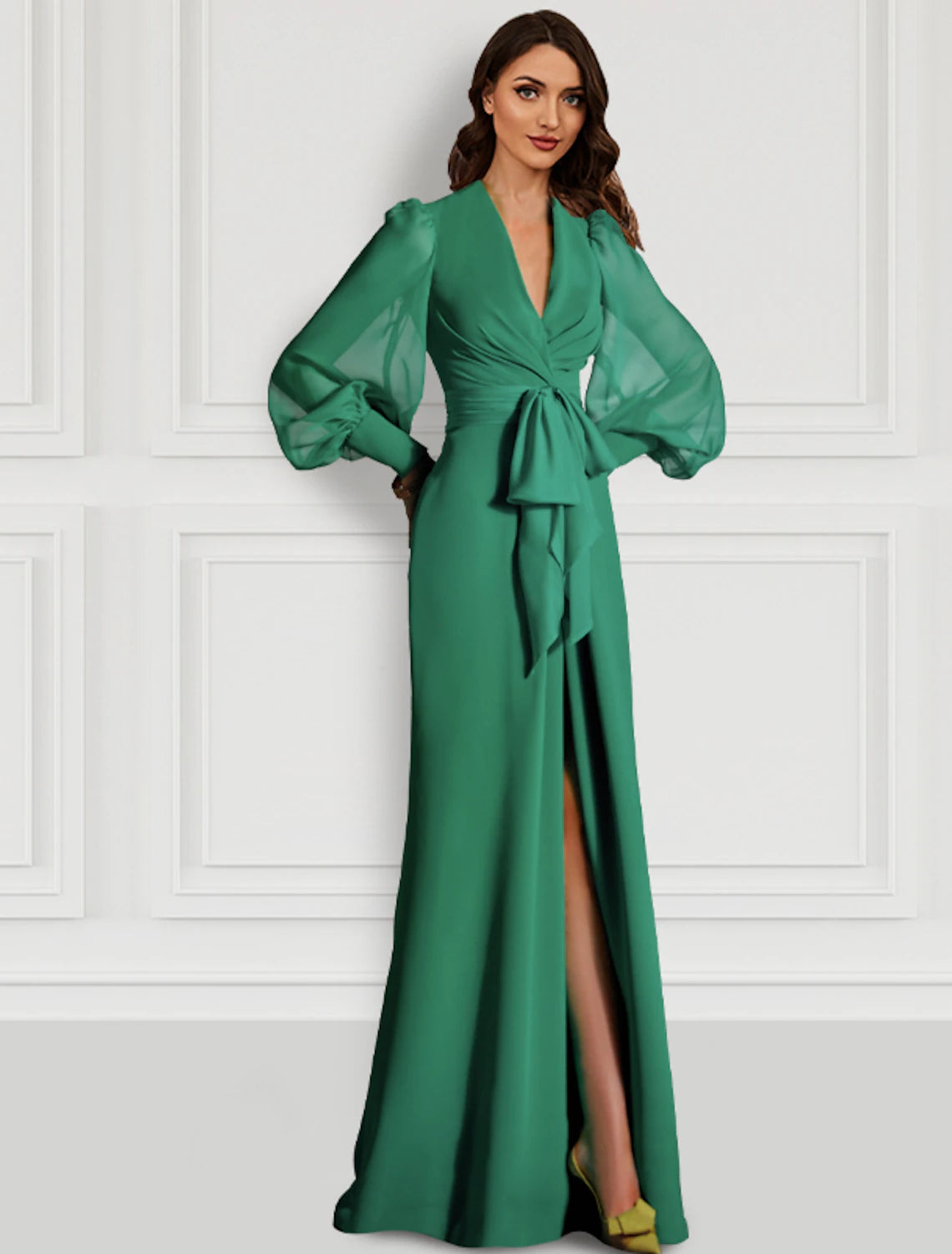 Women's Clothing For Holiday Travel Mermaid Christmas Red Green Dress Evening Gown Elegant Dress Formal Wedding Guest Sweep / Brush Train Long Sleeve V Neck Fall Wedding Guest Chiffon with Slit Strappy