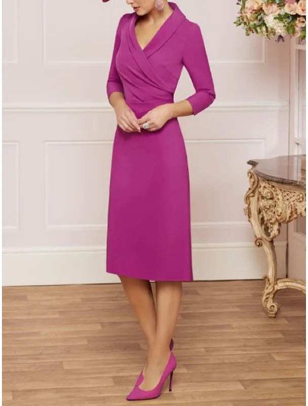 Women's Party Outfit Sheath / Column Mother of the Bride Dress Wedding Guest Elegant Petite V Neck Knee Length Satin 3/4 Length Sleeve with Ruching Solid Color