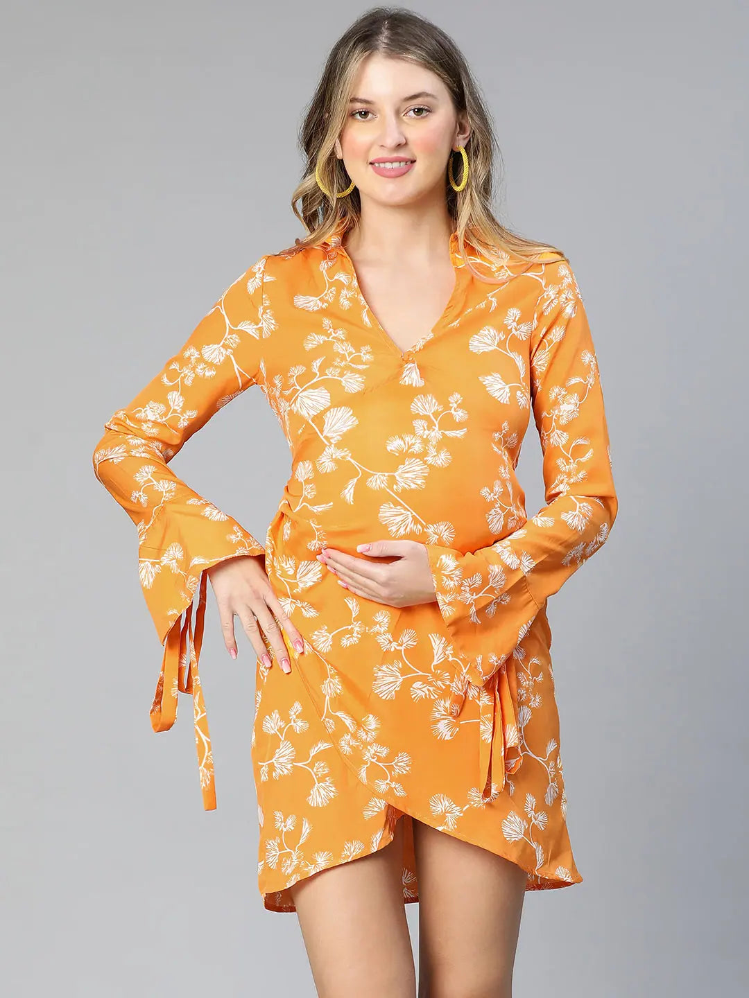 Fashionable Women's Clothes Hail Up Yellow Floral Print Wrapped Women Maternity Dress