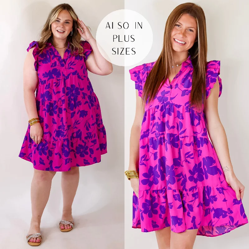 Tailored Clothing For Women Last Chance Size Small & Large | All Of A Sudden Ruffle Cap Sleeve Floral Short Dress in Magenta Mix