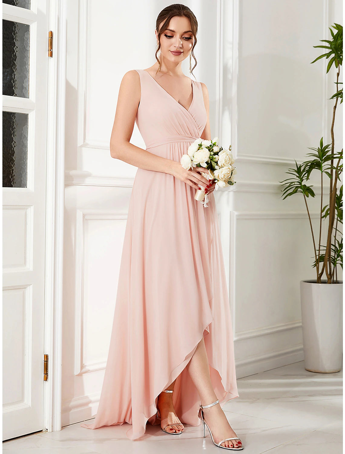 Comfortable Outfit For Women A-Line Wedding Guest Dresses Elegant Dress Party Wear Asymmetrical Sleeveless Spaghetti Strap Chiffon with Ruffles Slit