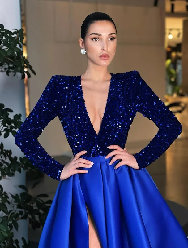 Women's Elegant Evening Outfit Ball Gown Evening Gown Sparkle & Shine Dress Wedding Party Floor Length Long Sleeve V Neck Pocket Satin with Sequin Pocket