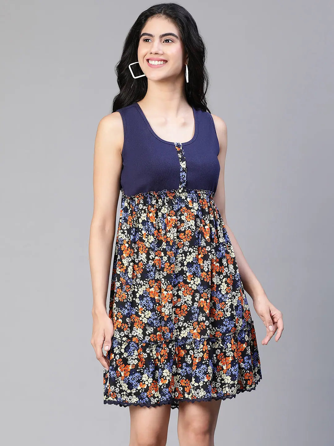 Women's Attire Women multicolor floral print round neck sleeveless buttoned dress-S23134WDR002_S