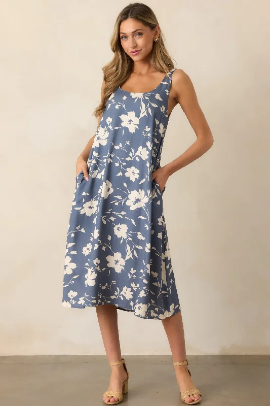 Sustainable Fashion Clothing For Women Breezing By Dusty Blue Floral Midi Dress