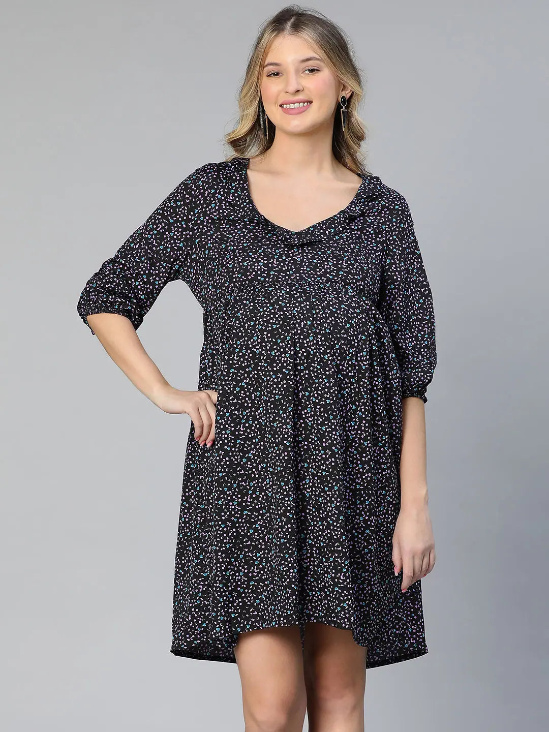 Women's Festive Attire Women floral print v-neck ruffled elasticated navy blue maternity dress