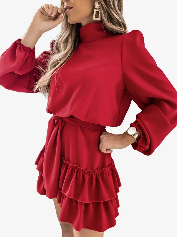 Women's Travel Garments Lantern Sleeve Mock Neck Ruffled Tiered Mini Dress