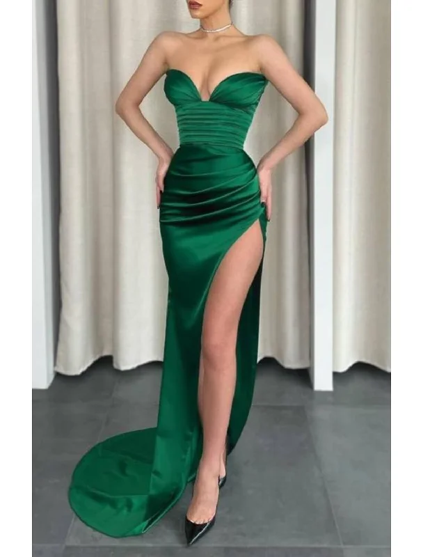 Women's Active Garments For Workouts Mermaid / Trumpet Prom Dresses Minimalist Dress Wedding Guest Wedding Party Sweep / Brush Train Sleeveless V Neck Italy Satin with Pleats Ruched Pure Color