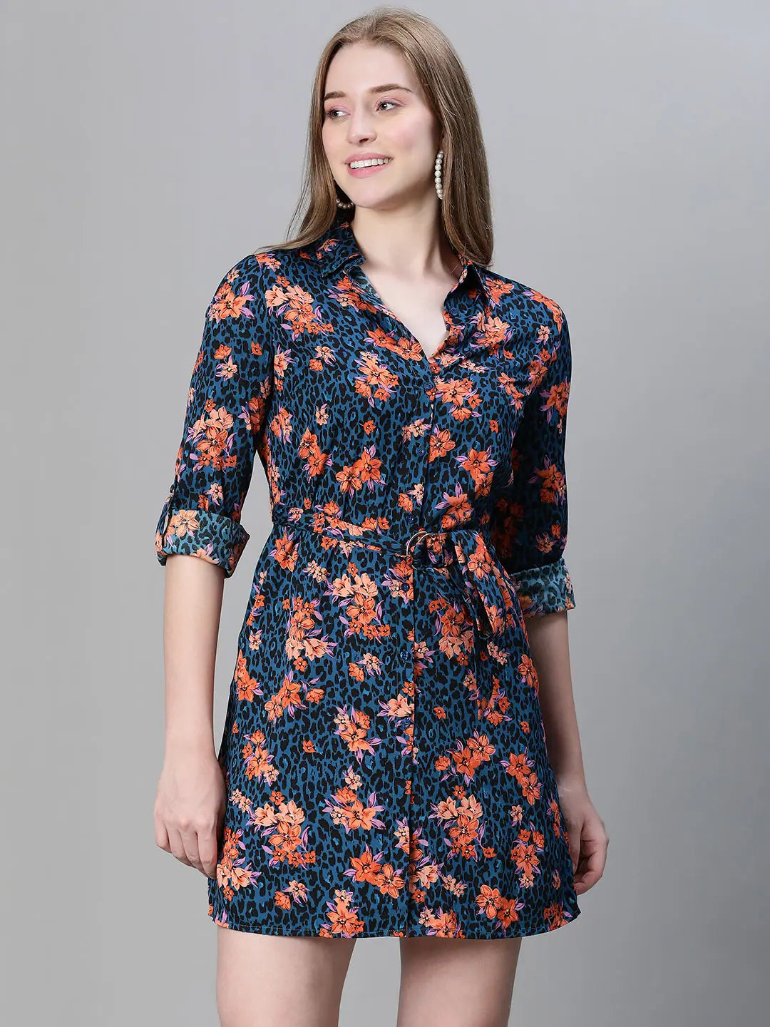 Women's Stylish Outdoor Outfit Women multicolor floral print collared belted button down dress