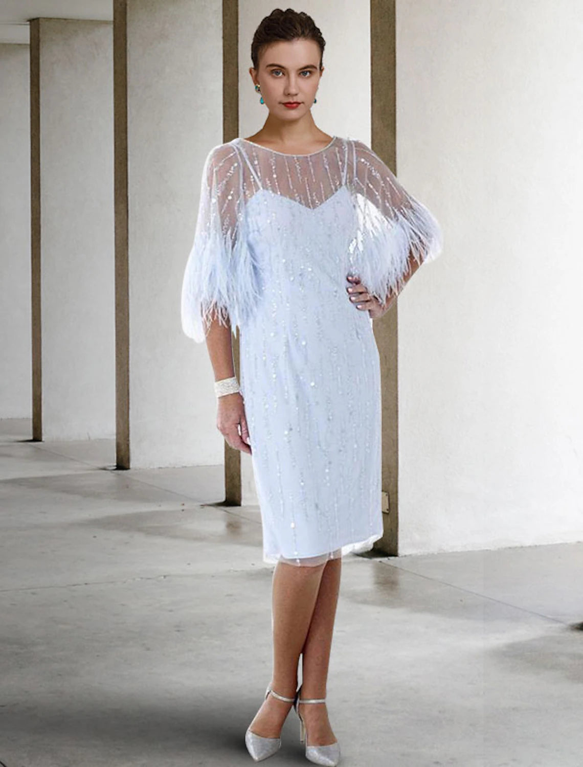 Women's Evening Wear Outfit Sheath / Column Mother of the Bride Dress Fall Wedding Guest Sparkle & Shine Elegant Jewel Neck Knee Length Stretch Chiffon Half Sleeve with Feather Beading Sequin