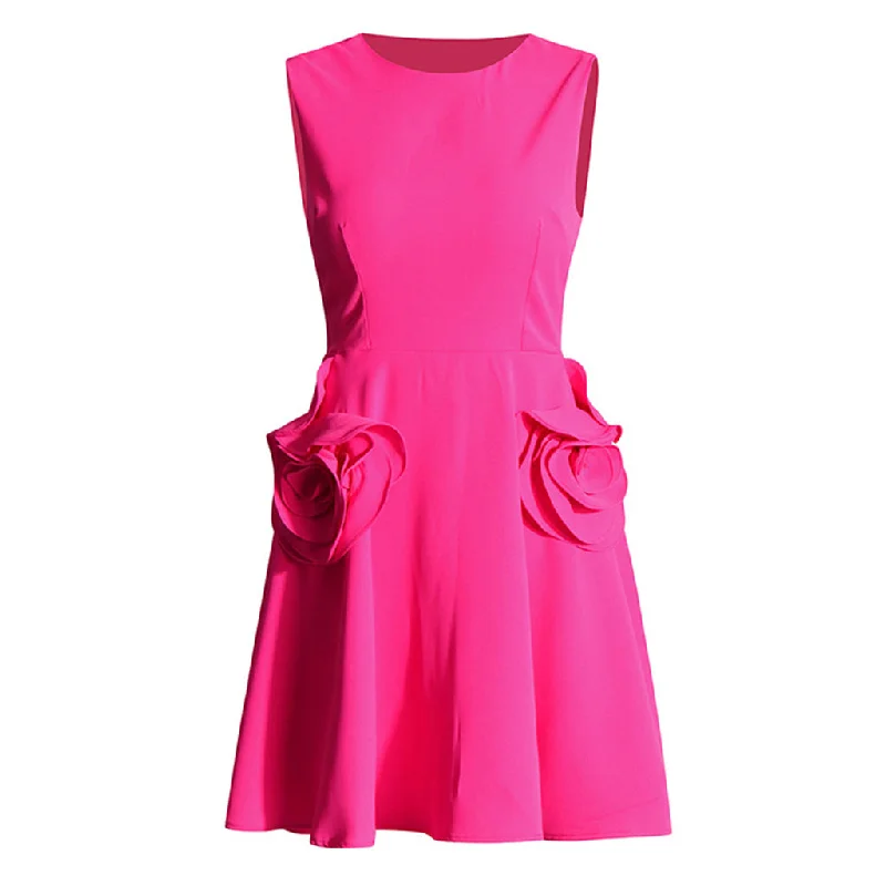 Women's Occasion Wear Clothing Adorable Crew Neck Sleeveless Fit and Flare Embellished Rosette Mini Dress