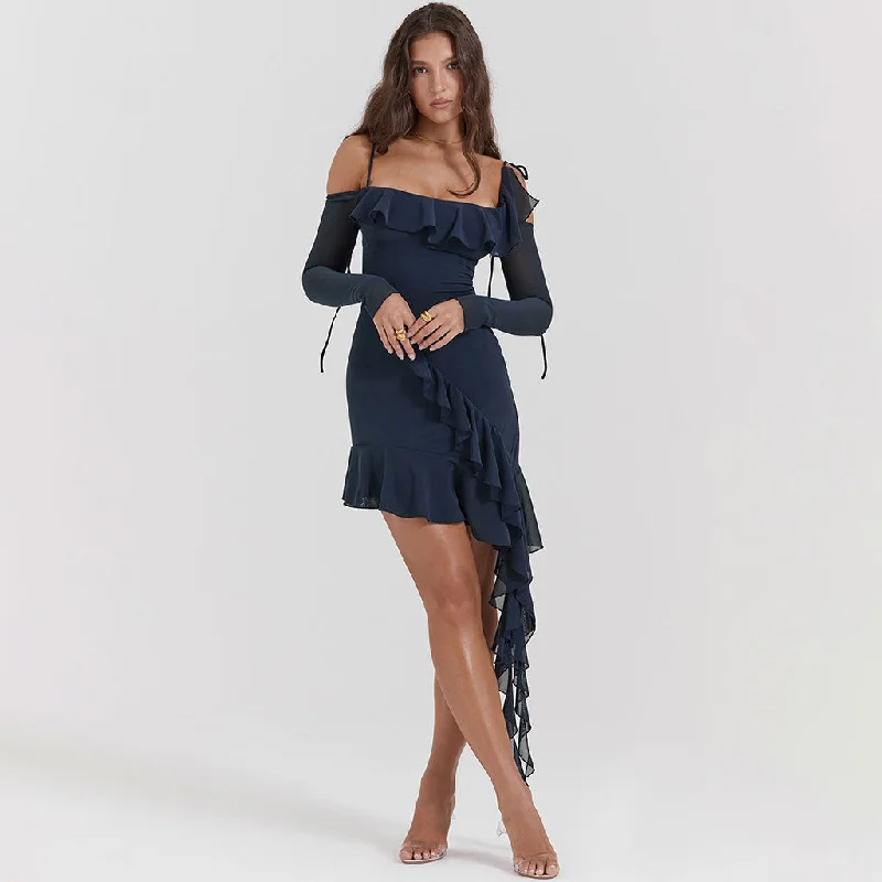 Women's Resort Apparel Breezy Bow Tie Scoop Neck Long Sleeve Sheer Mesh Asymmetric Ruffle Mini Dress