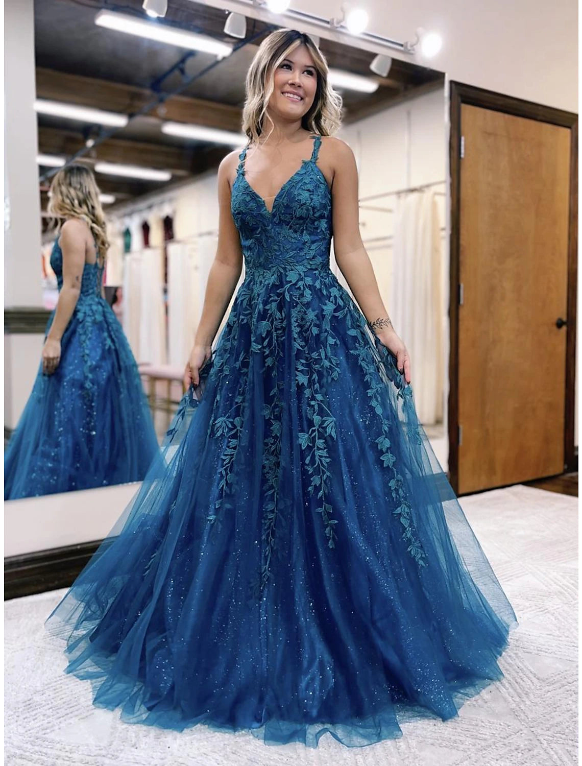 Trendy Athleisure Clothing For Women Ball Gown A-Line Prom Dresses Sparkle & Shine Dress Formal Wedding Party Floor Length Sleeveless V Neck Tulle Backless with Glitter Appliques