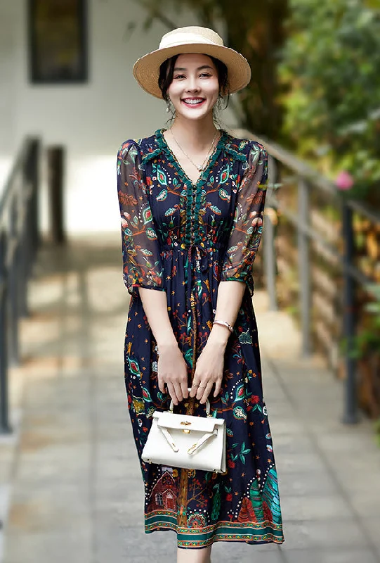 Women's Chic Apparel Elegant Floral Pattern 3/4 Sleeve V-Neck Midi Silk Dress