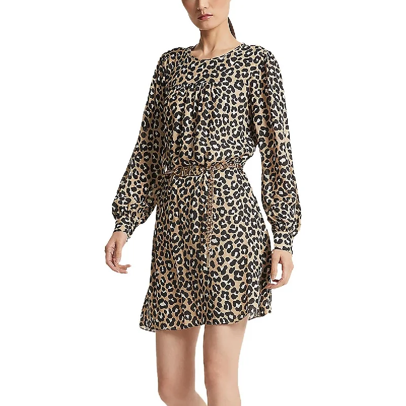 Modern Women's Attire MICHAEL Michael Kors Womens Cheetah Long Sleeve Belted Mini Dress