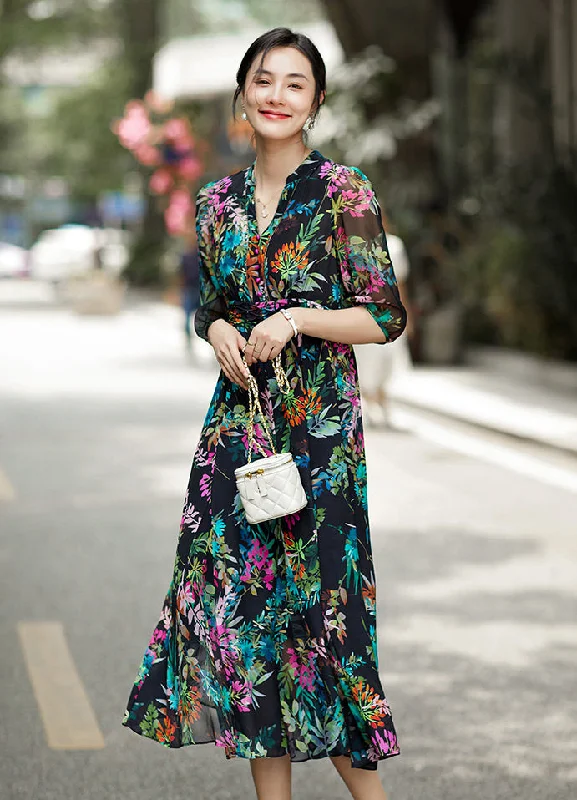 Women's Plus-Size Apparel Elegant Floral Printed V-neck Silk Dress