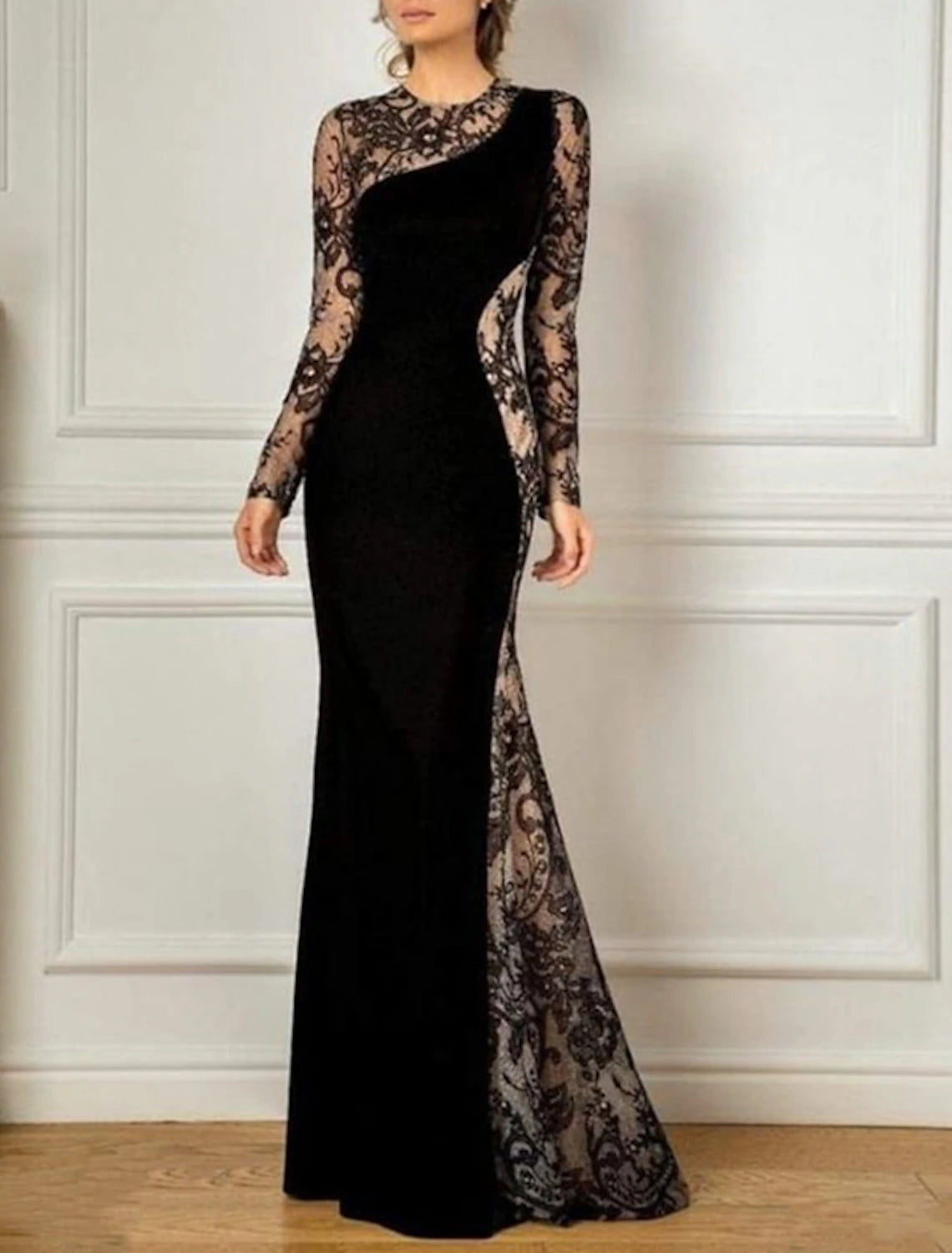 Vintage-Inspired Garments Mermaid / Trumpet Mother of the Bride Dress Fall Wedding Guest Party Elegant Jewel Neck Floor Length Lace Velvet Long Sleeve No with Appliques Color Block