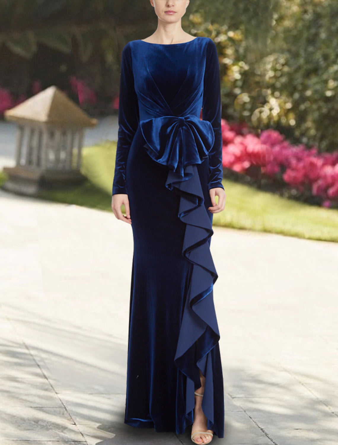 Women's Apparel And Garments Mermaid / Trumpet Evening Gown Elegant Dress Wedding Guest Prom Floor Length Long Sleeve Jewel Neck Velvet with Bow(s) Ruffles