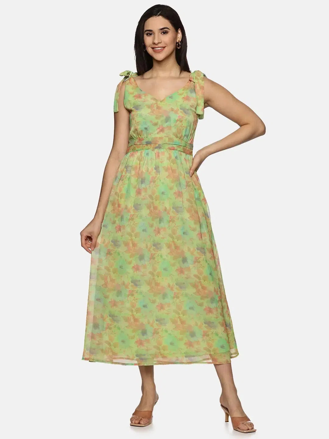 Charming Women's Outfit For Special Occasions Floral Green Tie-up Detailed Maxi Dress-17351