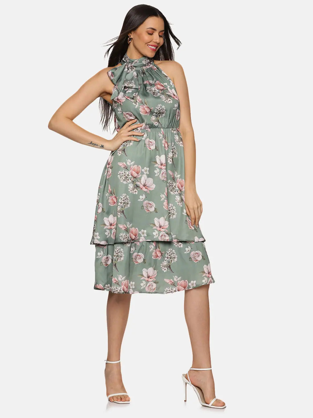 Women's Comfortable Lounge Outfit Floral Olive Halter Tie Neck Midi Dress