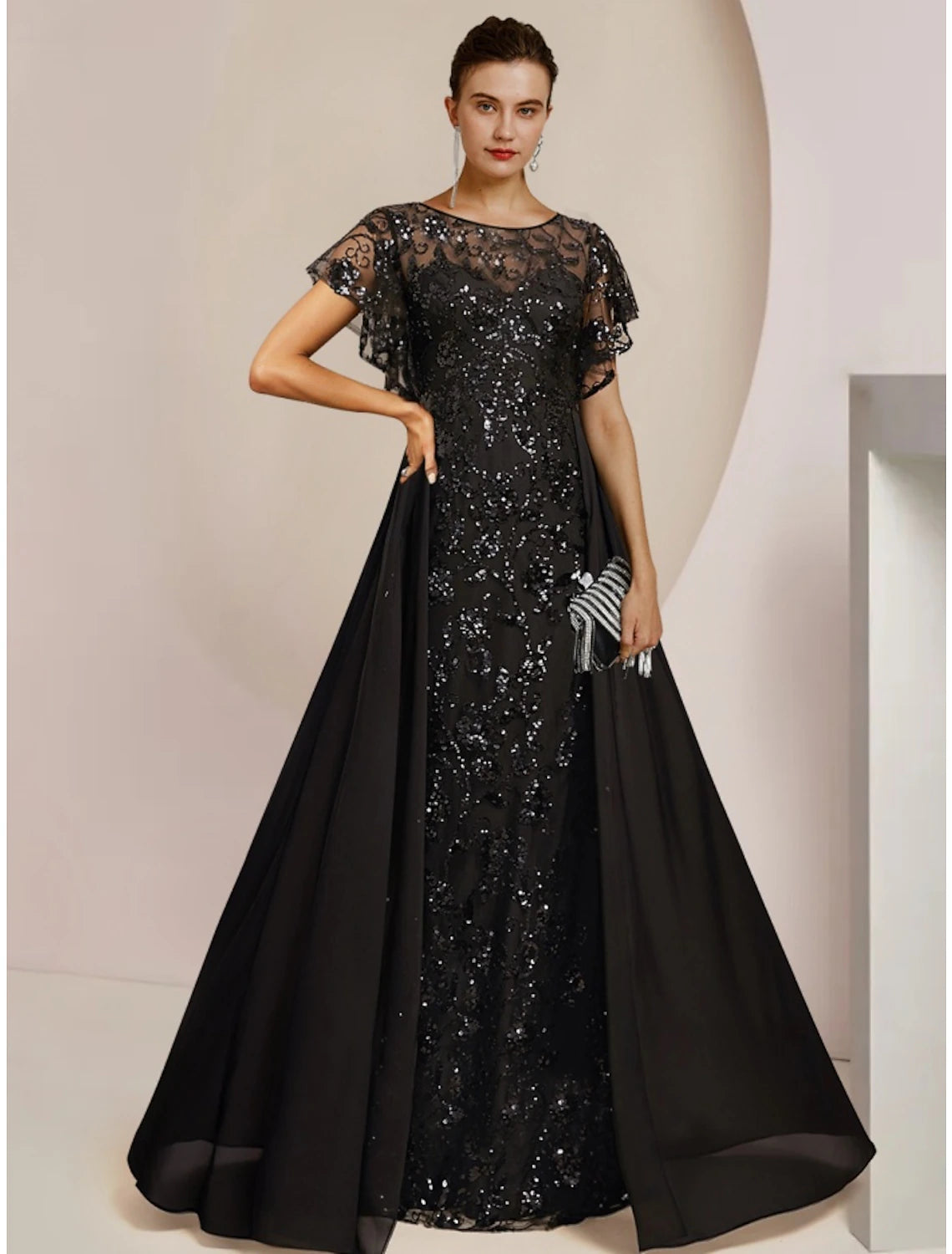 Women's Everyday Garments A-Line Mother of the Bride Dress Wedding Guest Elegant Scoop Neck Floor Length Chiffon Lace Sequined Short Sleeve with Sequin Ruching Solid Color