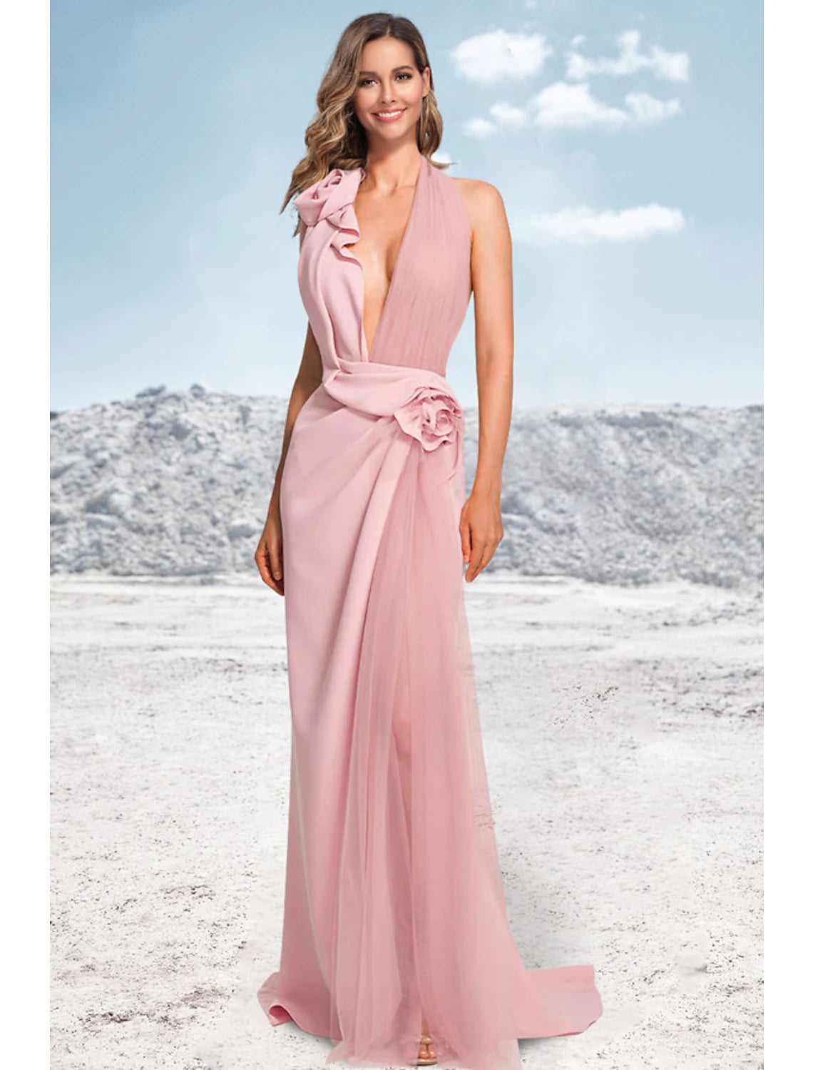 Women's Holiday Clothes Mermaid / Trumpet Evening Gown Party Dress Formal Wedding Party Sweep / Brush Train Sleeveless Halter Neck Satin with Ruched