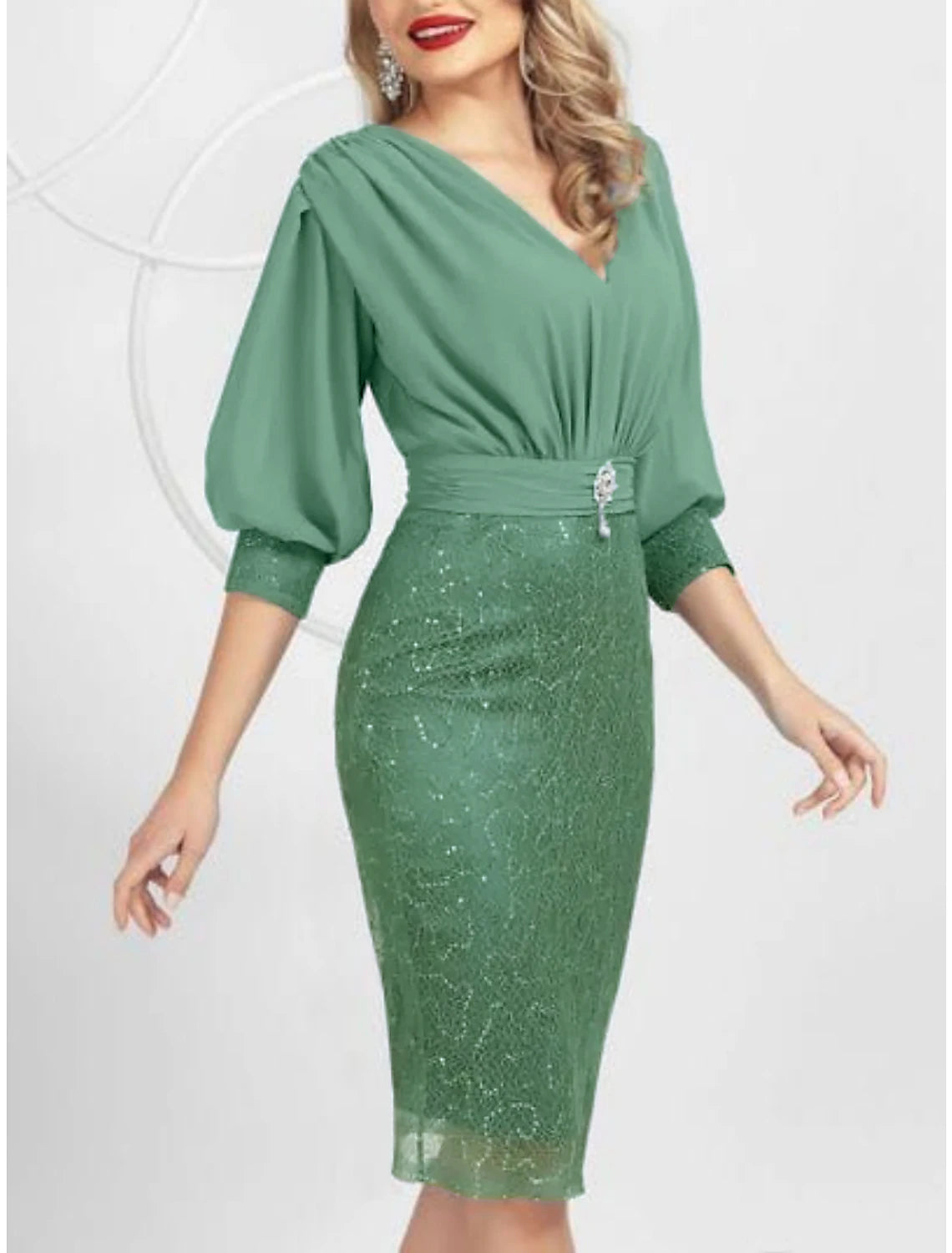 Women's Clothing Sheath / Column Mother of the Bride Dress Wedding Guest Party Elegant V Neck Knee Length Chiffon Lace Half Sleeve with Sequin Split Front Crystal Brooch