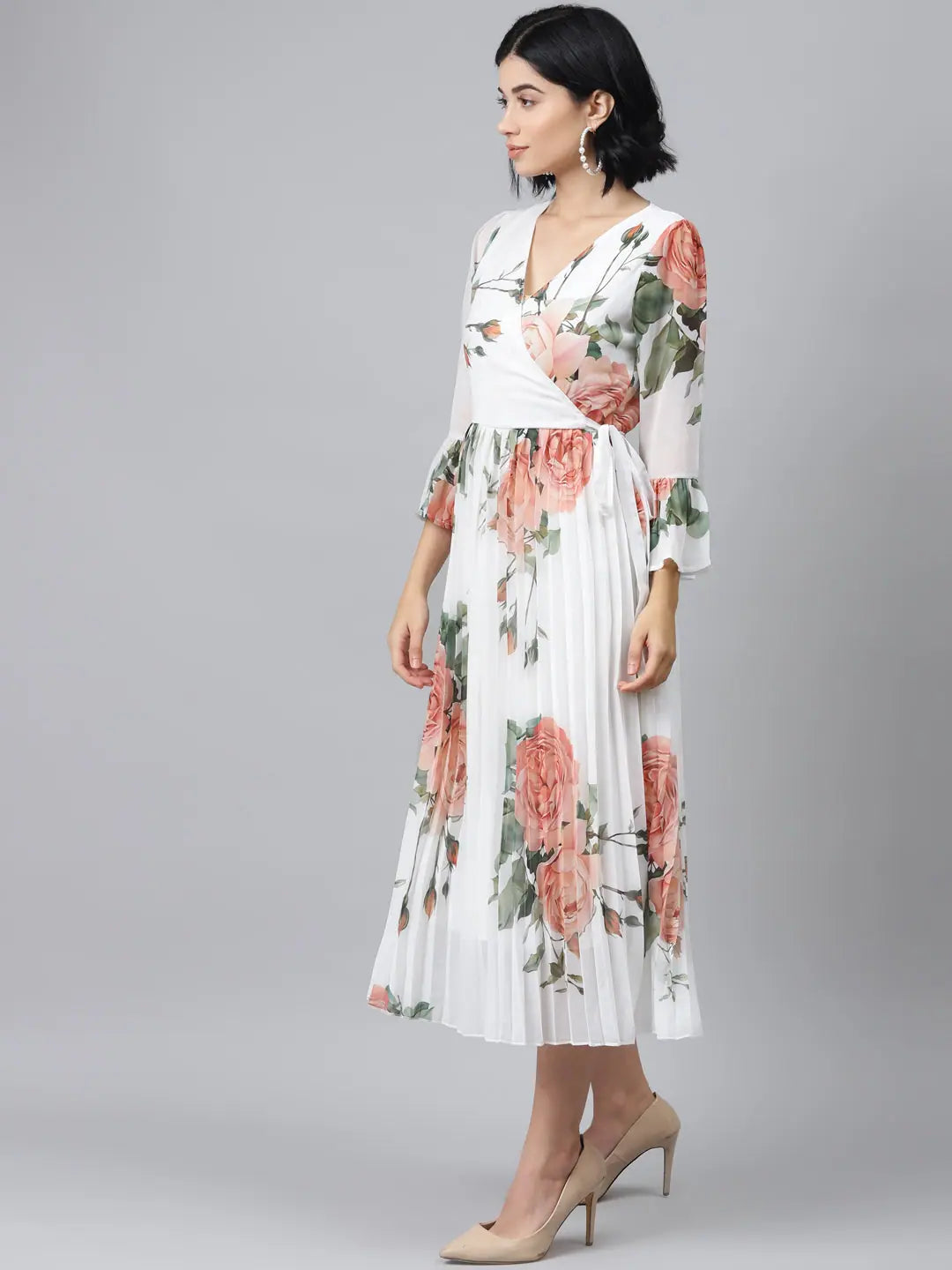 Comfortable Women's Clothing White Floral Pleated Midi Dress