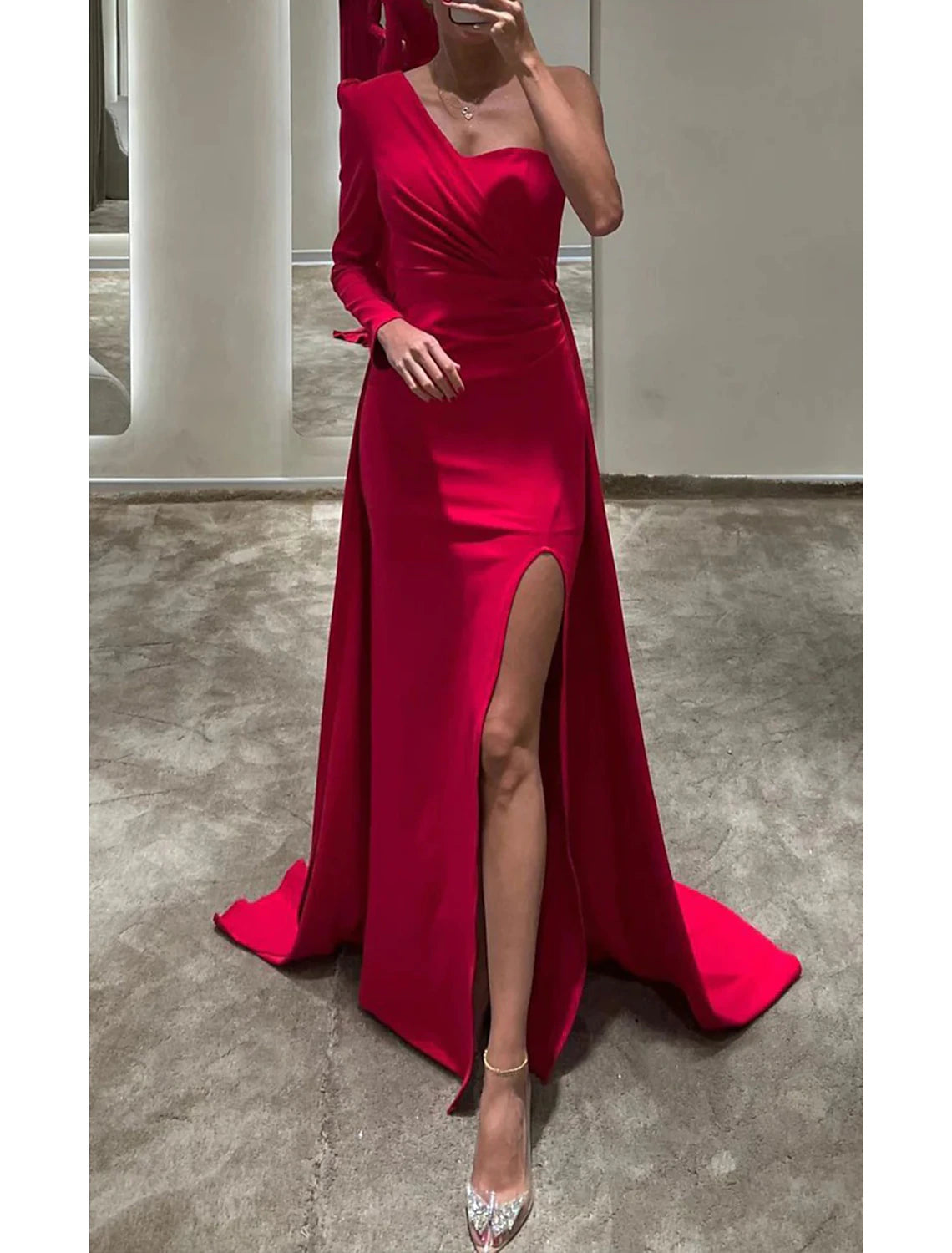 Women's Evening Outfit Mermaid / Trumpet Evening Gown Elegant Dress Formal Christmas Floor Length Long Sleeve One Shoulder Fall Wedding Guest Stretch Fabric with Ruched Slit