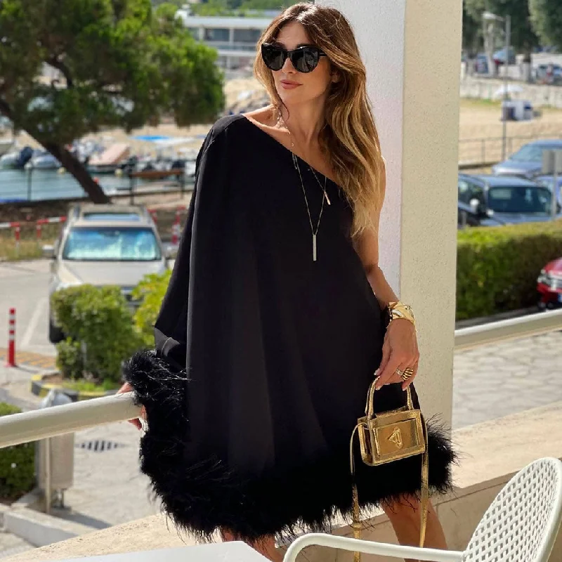 Chic Women's Garments Lavish One Shoulder Cape Style A Line Layered Faux Feather Mini Dress