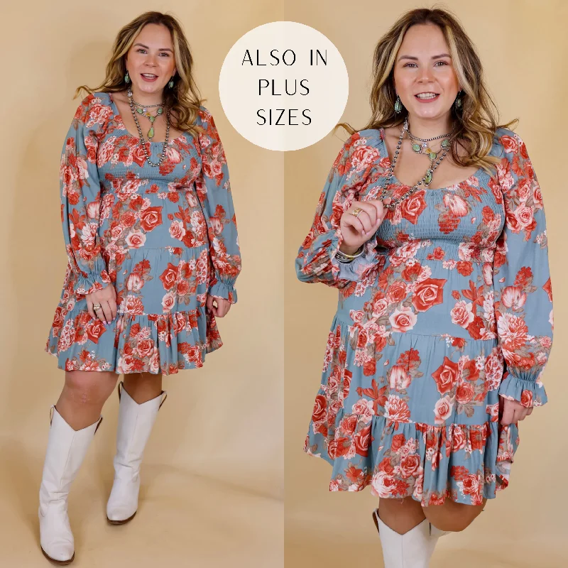 Women's Holiday Clothing Day Cafe Smocked Bodice Floral Long Sleeve Dress in Dusty Blue