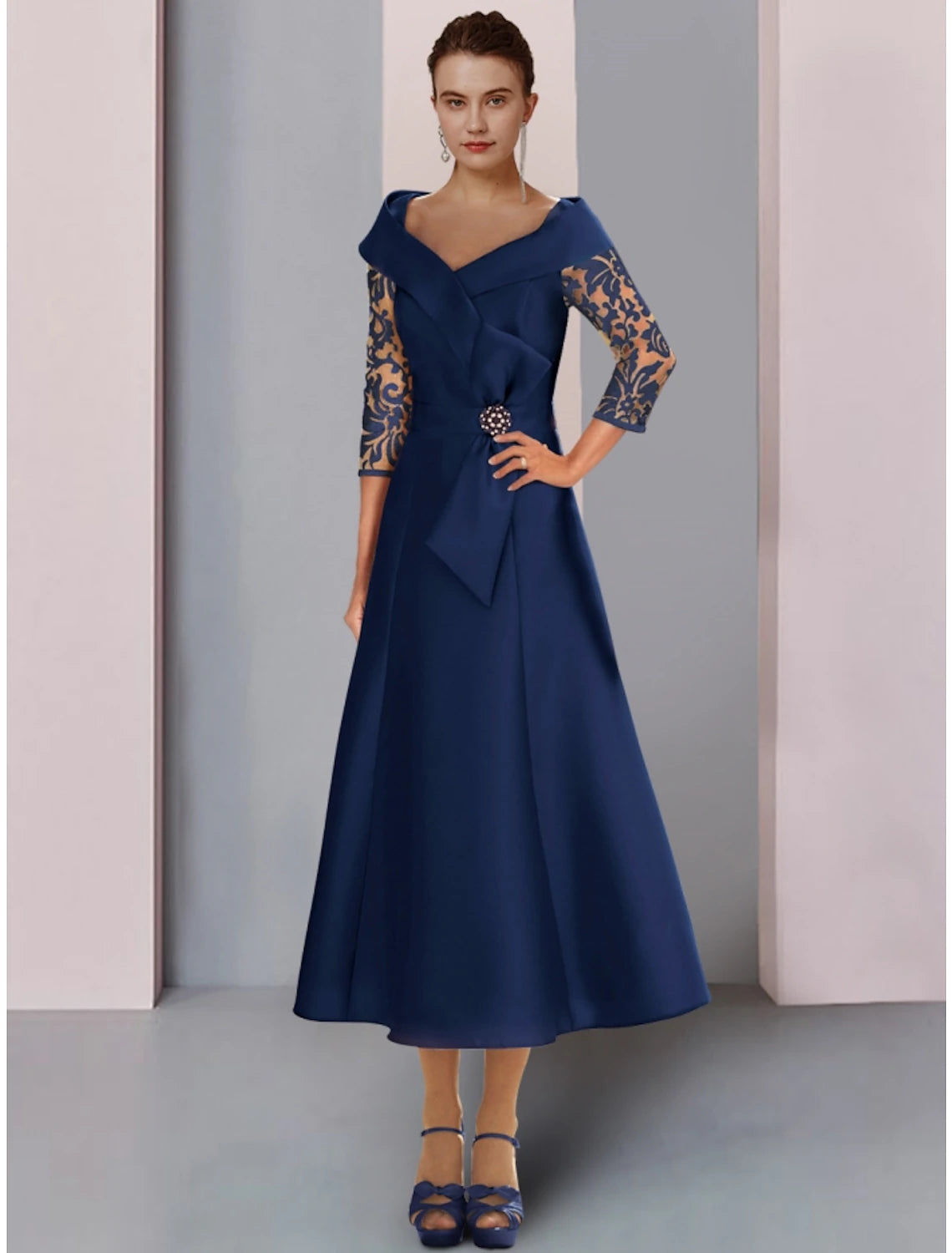 Women's Vintage-Inspired Clothing A-Line Mother of the Bride Dress Wedding Guest Elegant Petite V Neck Tea Length Satin Lace 3/4 Length Sleeve with Bow(s) Crystal Brooch Ruching