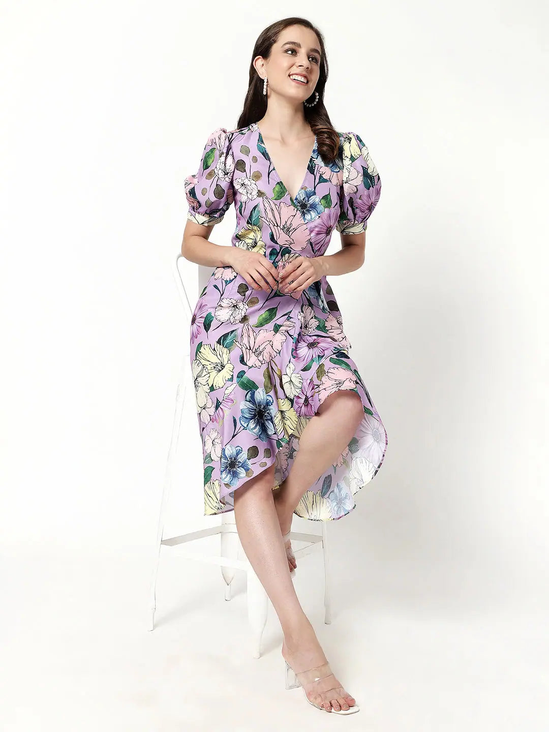 Stylish Outerwear Clothing For Women Floral Digital Printed High-Low Midi Dress