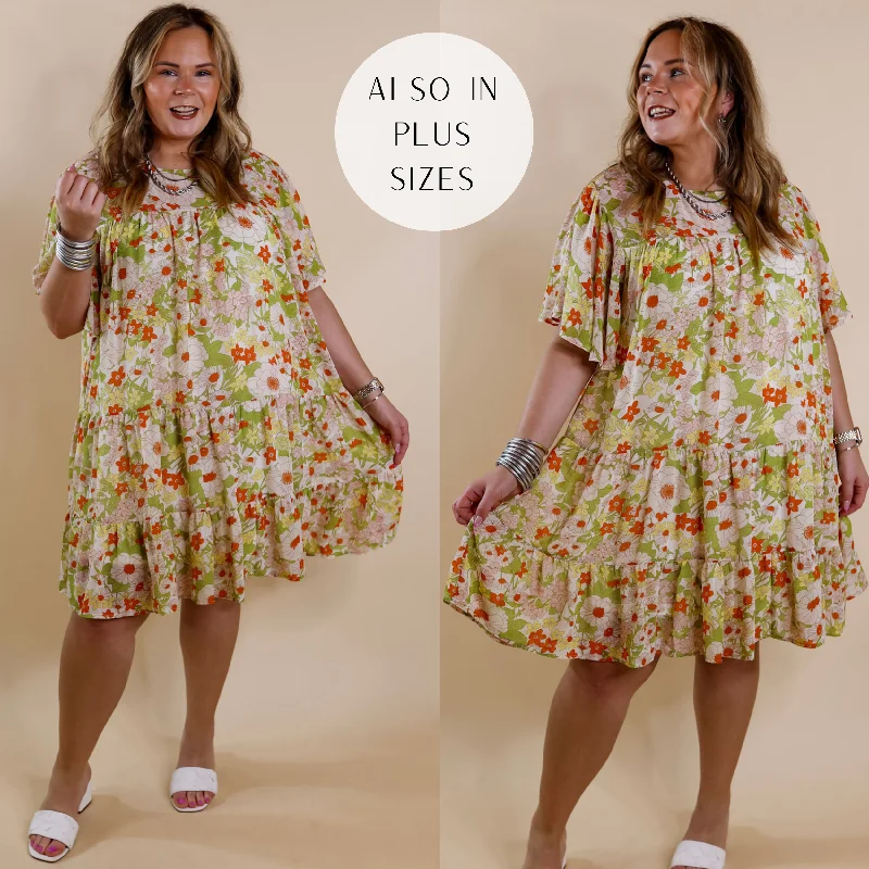 Women's Contemporary Clothing Last Chance Size Small, Medium & XL | State of Bliss Ruffle Tiered Floral Dress in Lime Green and Orange